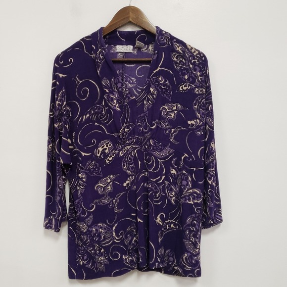 Chico's Tops - Chicos Travelers Womens Artsy Asain Babydoll Top Size 2 L‎ Purple Stretch Modest